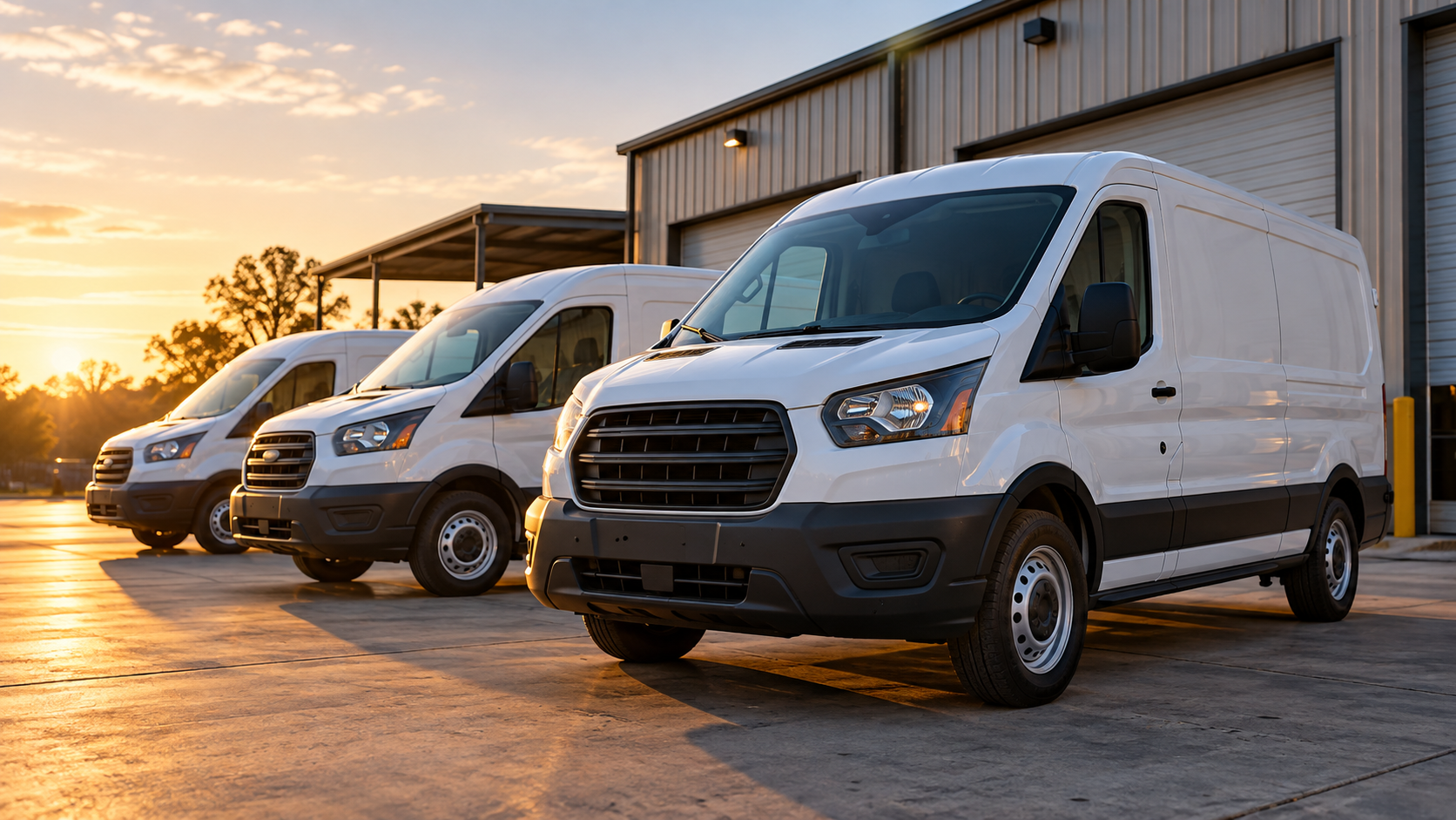 Illustrative photograph of light-duty cargo vans in a commercial yard
